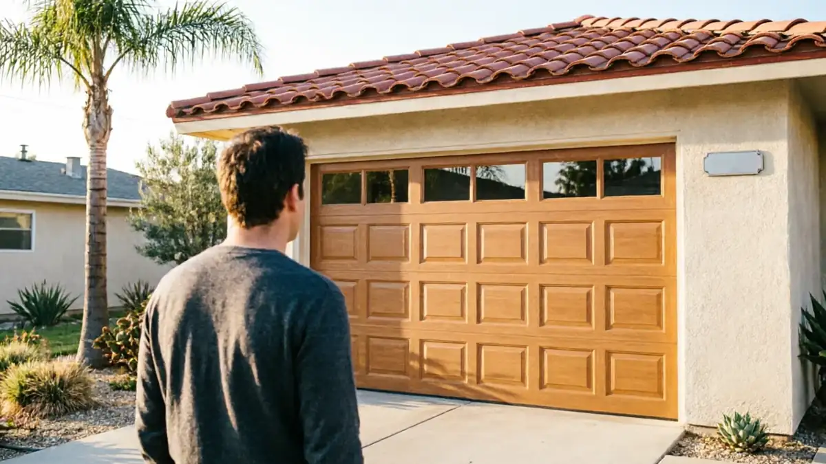A man stands facing a light brown garage door with windows.