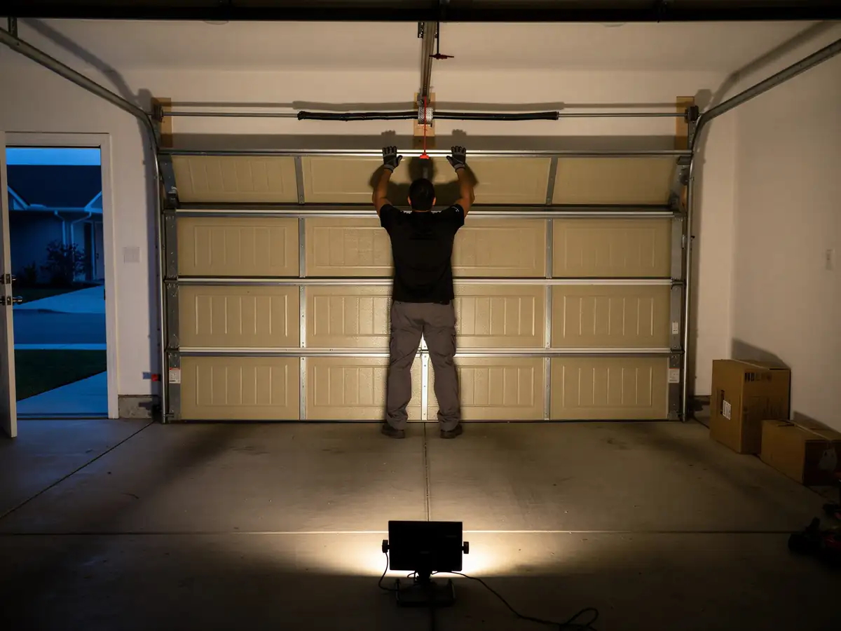 A technician adjusts a beige garage door with a spotlight on the floor.