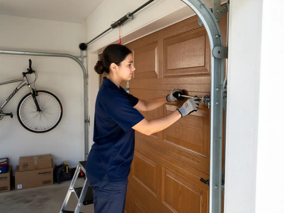 A technician adjusts a brown garage door with a tool.