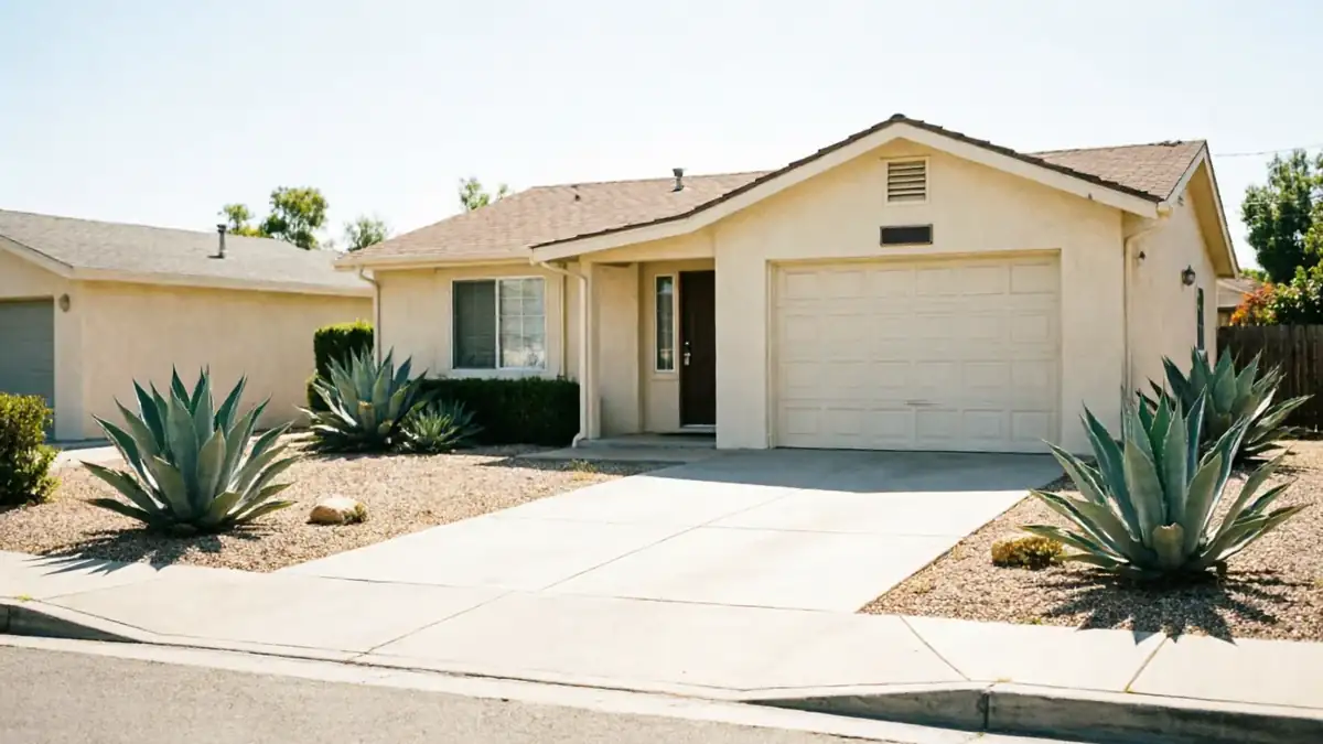 The house has a beige garage door, a brown front door, and desert landscaping.