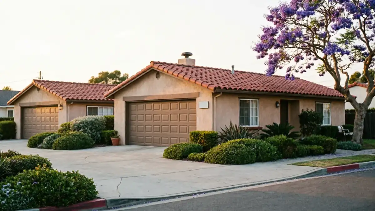 Two houses with brown garage doors and red tile roofs.