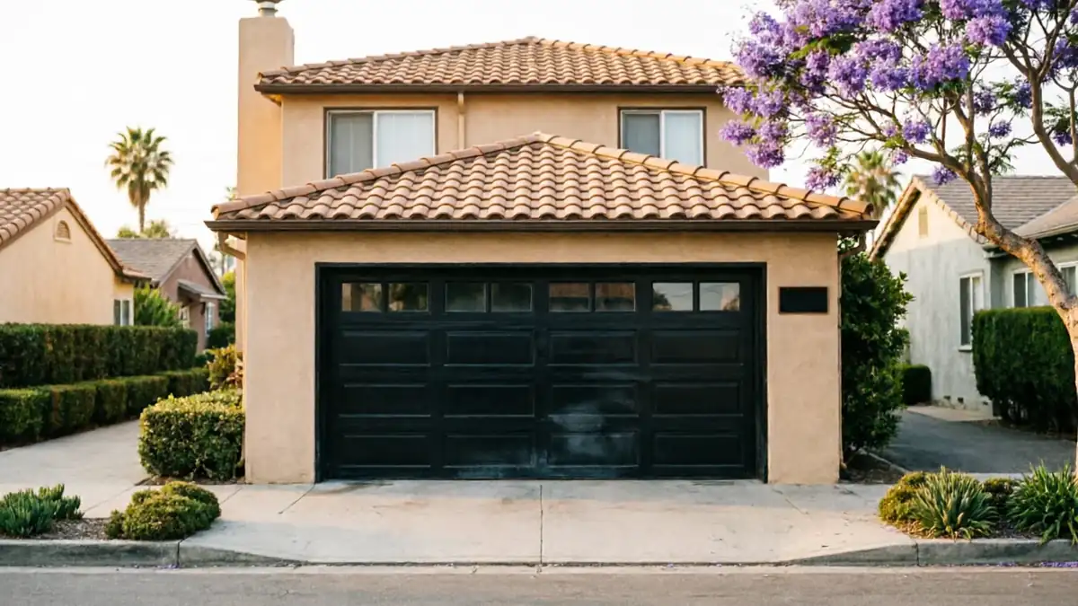A two-story house with a black garage door and a purple flowering tree.