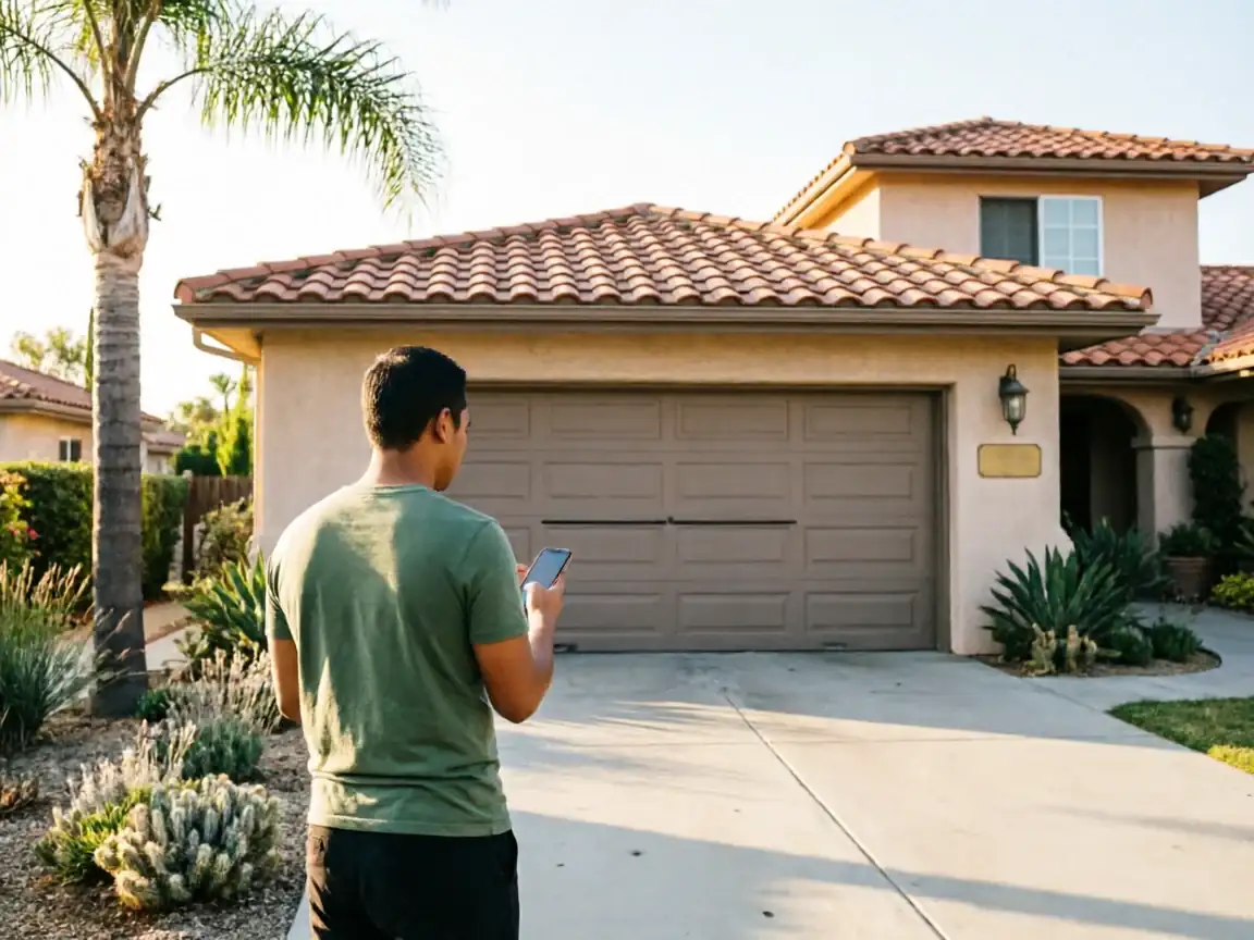 A man stands in a driveway, looking at his phone in front of a house.