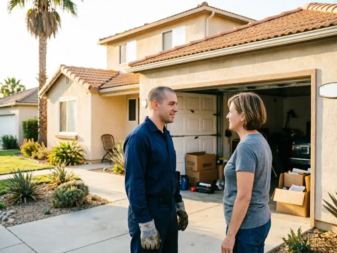 A technician in a blue uniform talks to a woman in front of a house.