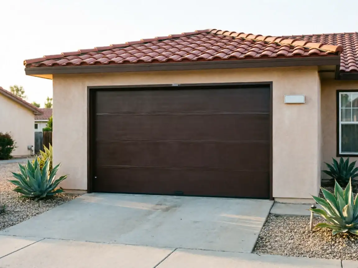 A brown garage door is on a stucco house with a red tile roof.