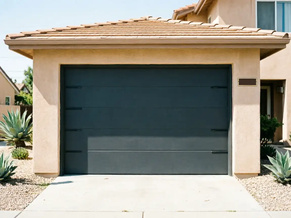 A dark gray garage door is on a tan house with a tiled roof.