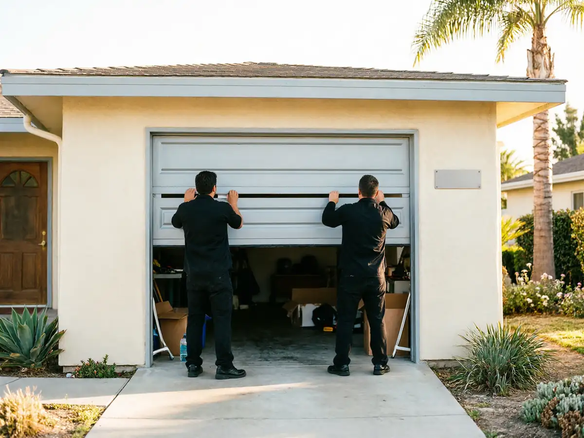 Two technicians are opening a gray garage door on a house.