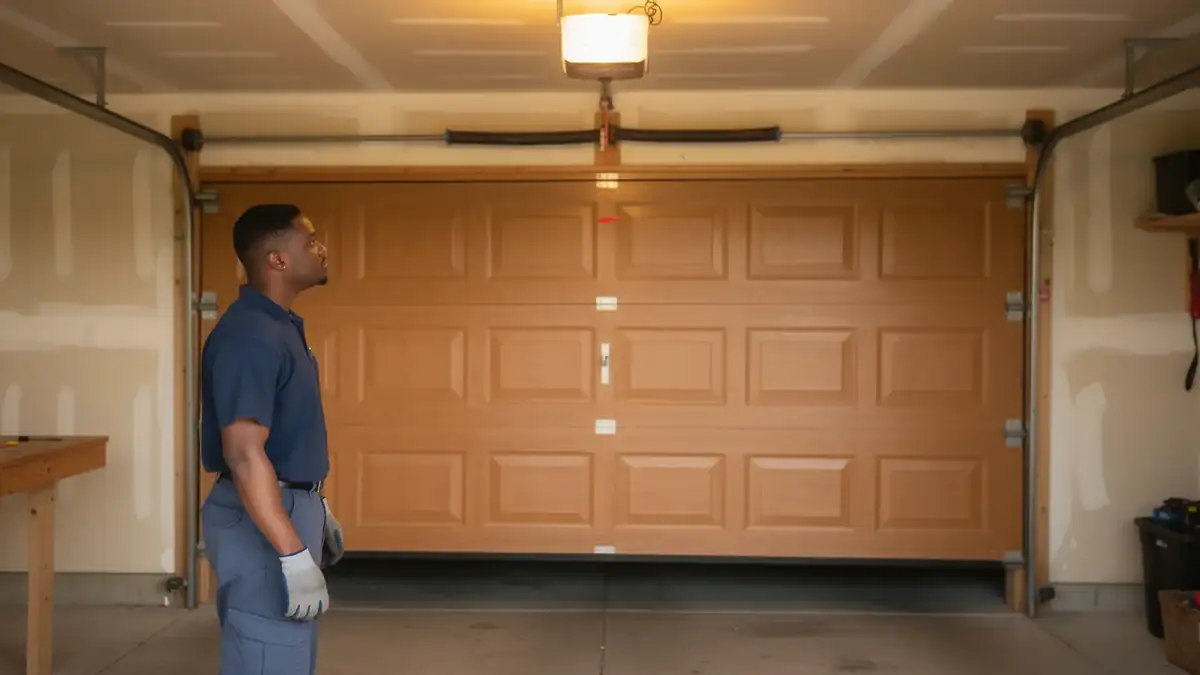 A technician in a blue shirt and gloves stands in front of a closed brown garage door.