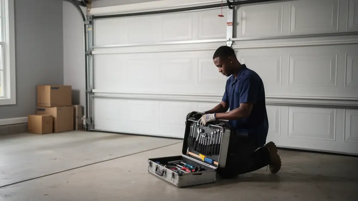 A technician kneels on a concrete garage floor, opening a toolbox in front of a white garage door.