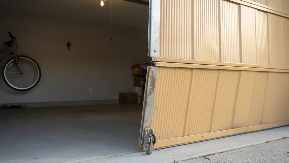 The tan garage door is off its track, with a wheel visible at the bottom.