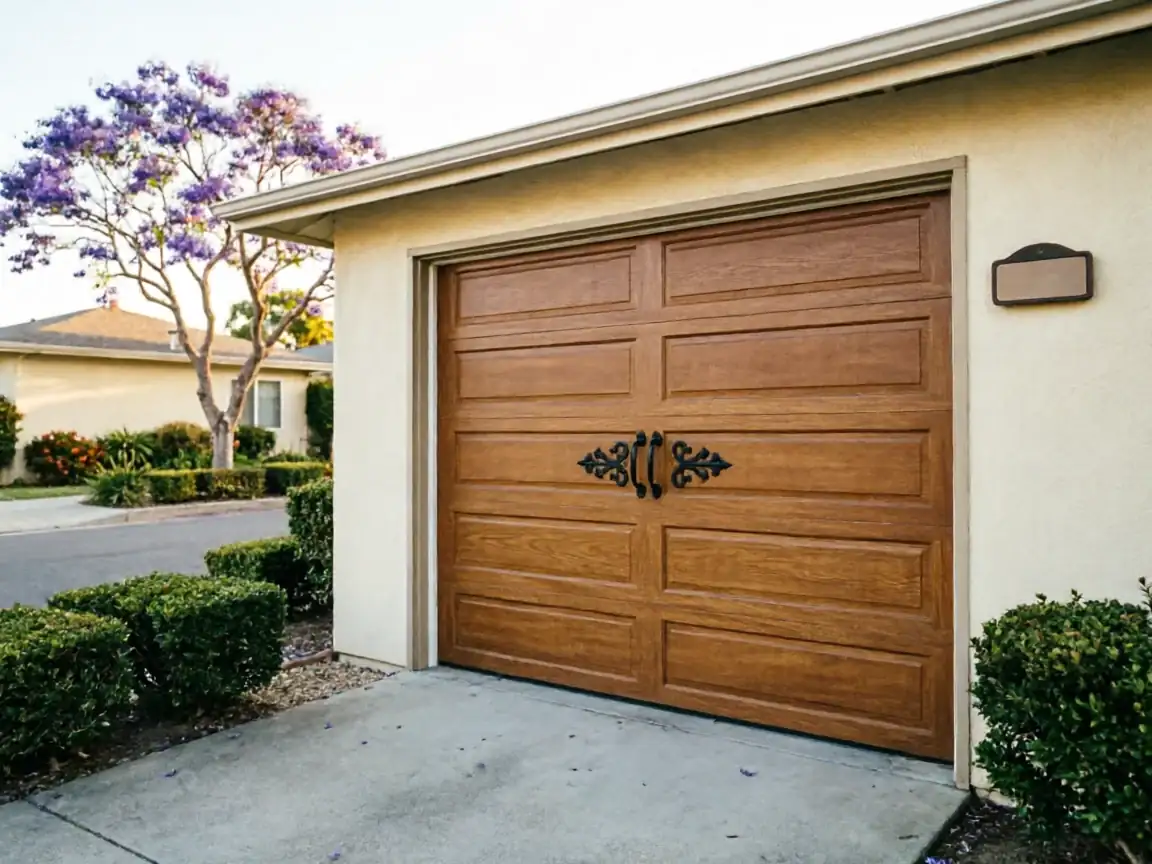 A brown garage door with decorative black handles on a beige house.